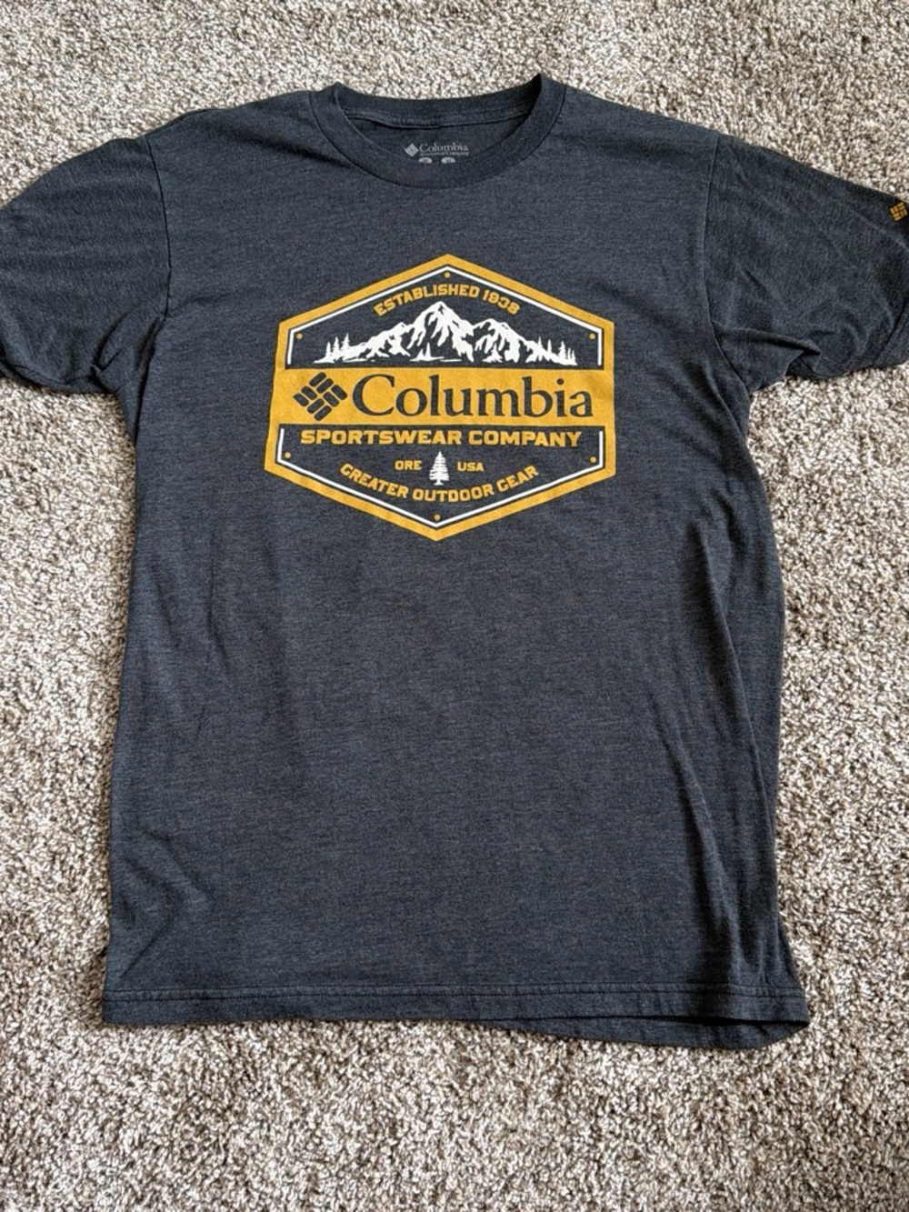 Columbia Short-Sleeve Charcoal Tee with Yellow Mountain Logo